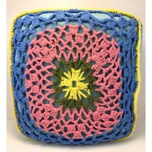 Vintage Crocheted Pillow 12” X 12” Handmade 70’s Blue Pink Yellow Granny Square